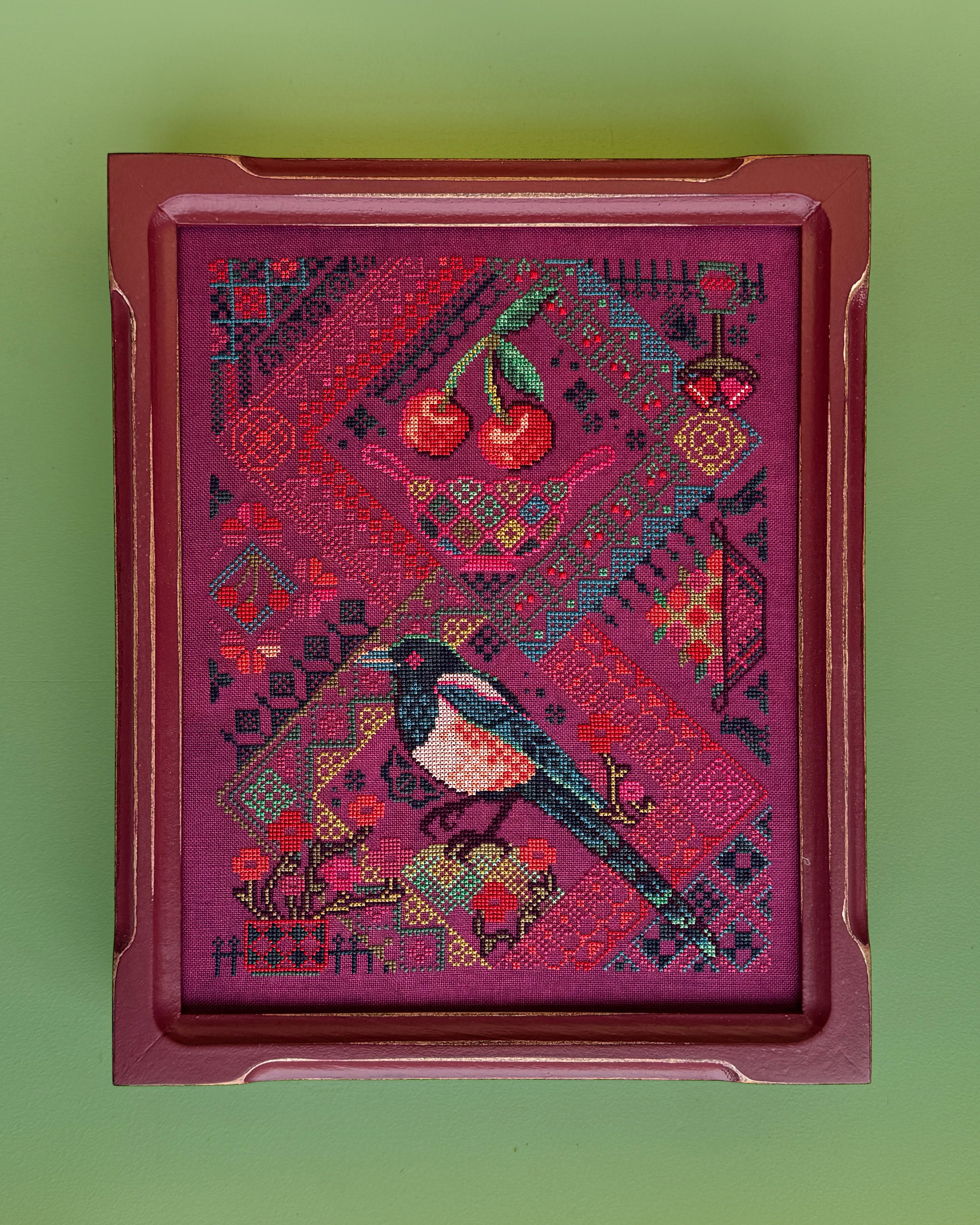 Cherry Magpie Cross Stitch Pattern
